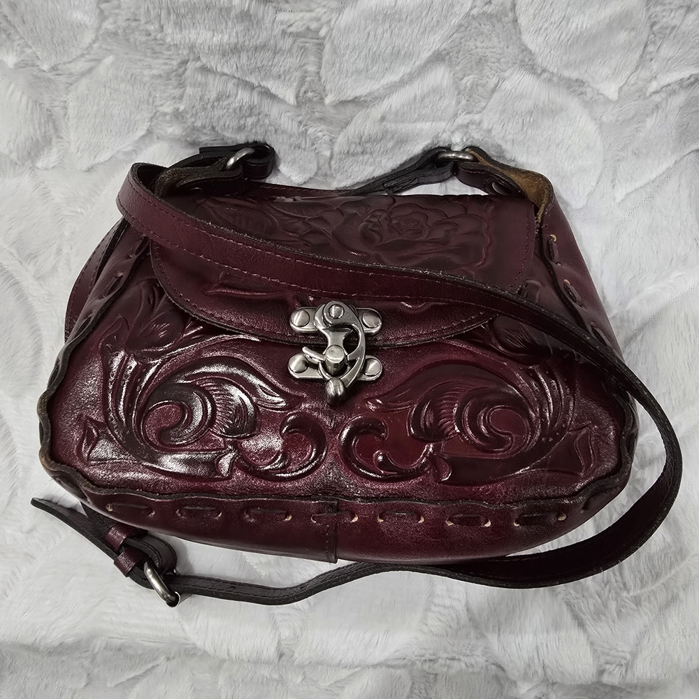 Embossed Floral Leather Crossbody Bag in Burgundy - Picture 6 of 8